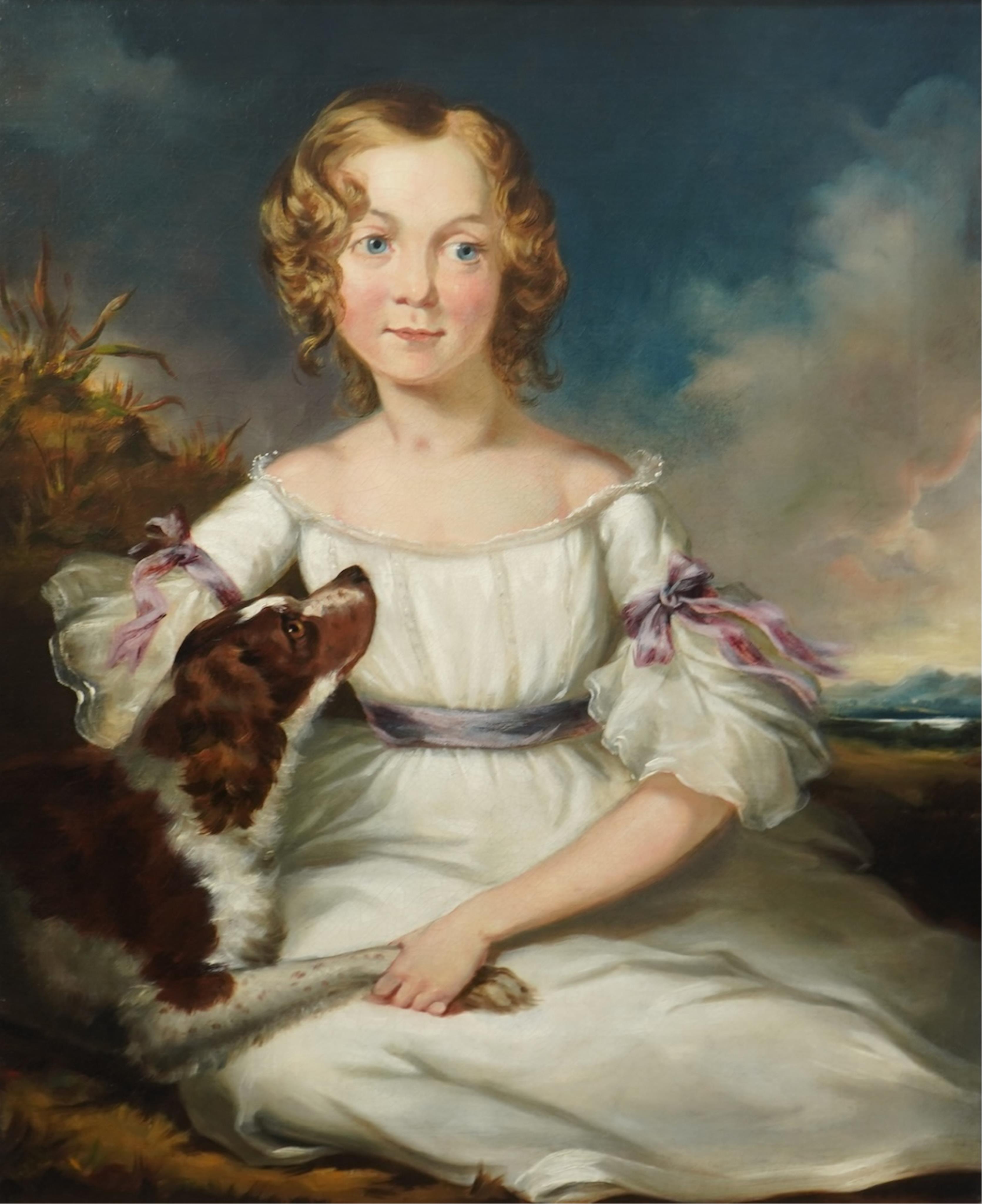 Regency school, c.1800 , Portrait of a girl and spaniel before a landscape
